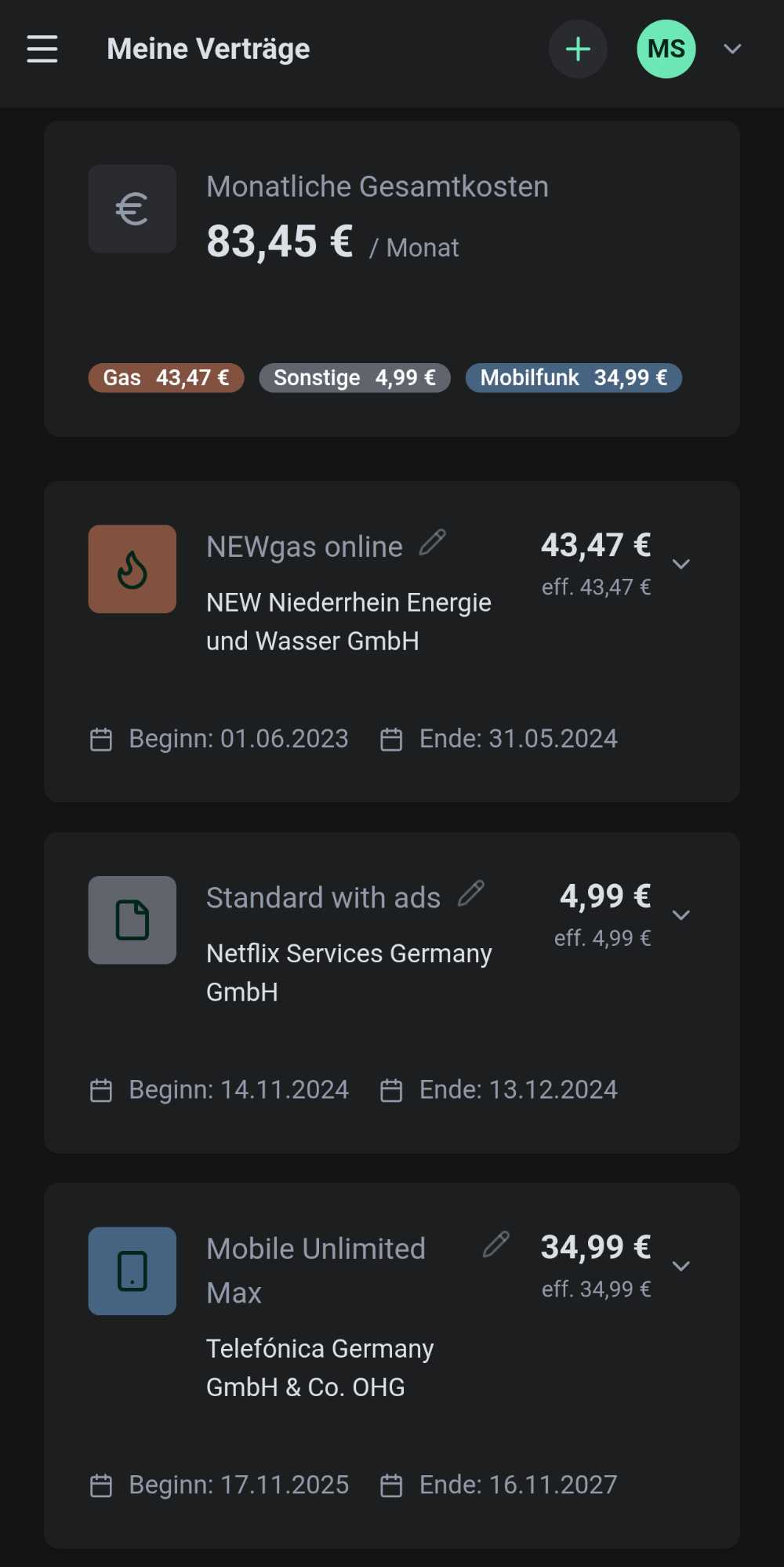 likewhile Dashboard mit Vertragsübersicht